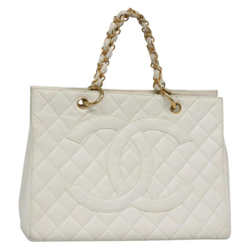 CHANEL COCO Mark Chain Hand Bag Caviar Skin White Gold CC Auth gh687