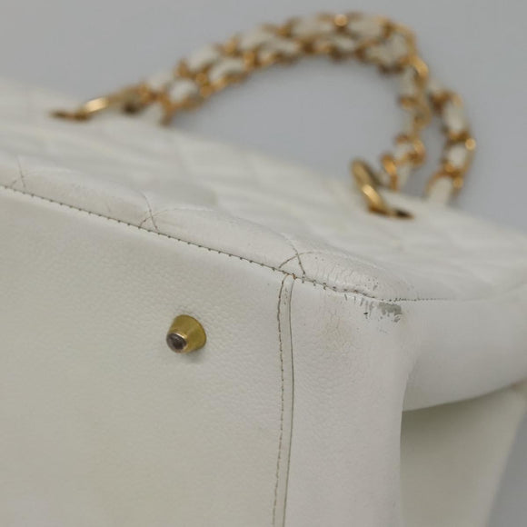 CHANEL COCO Mark Chain Hand Bag Caviar Skin White Gold CC Auth gh687