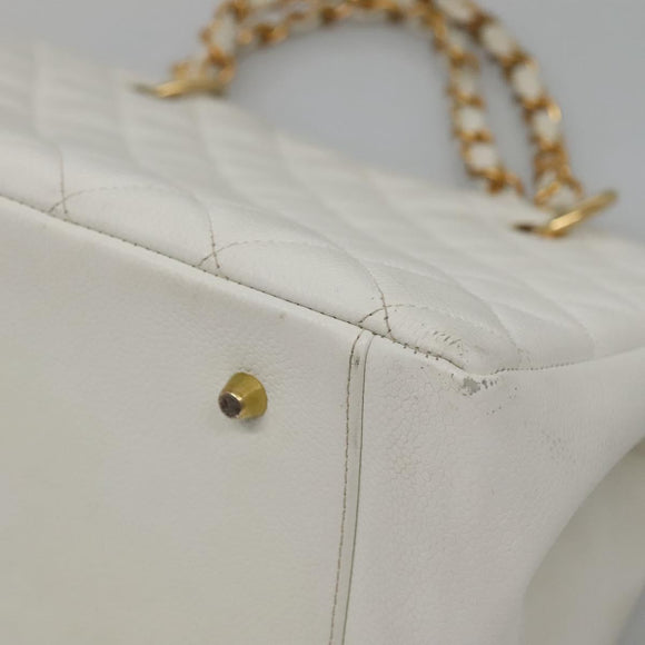 CHANEL COCO Mark Chain Hand Bag Caviar Skin White Gold CC Auth gh687