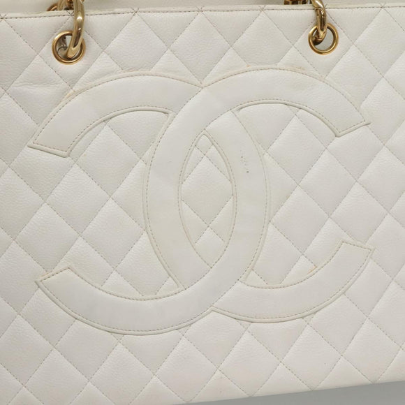 CHANEL COCO Mark Chain Hand Bag Caviar Skin White Gold CC Auth gh687