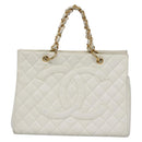 CHANEL COCO Mark Chain Hand Bag Caviar Skin White Gold CC Auth gh687-13