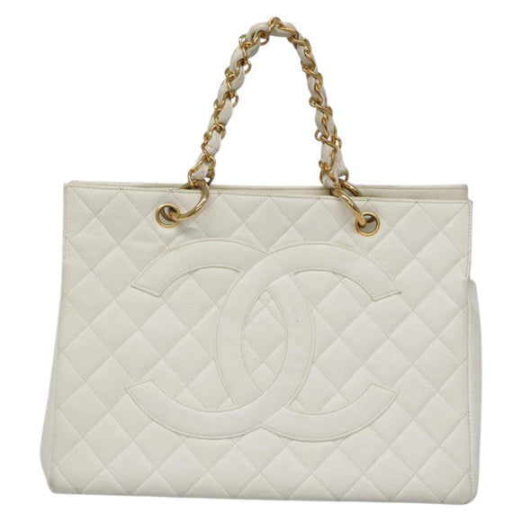 CHANEL COCO Mark Chain Hand Bag Caviar Skin White Gold CC Auth gh687