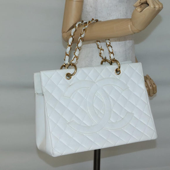 CHANEL COCO Mark Chain Hand Bag Caviar Skin White Gold CC Auth gh687