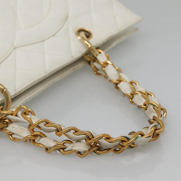 CHANEL COCO Mark Chain Hand Bag Caviar Skin White Gold CC Auth gh687