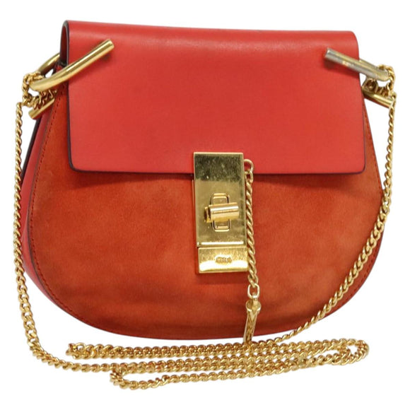 Chloe Chain Drew Shoulder Bag Suede Leather Red Gold Auth gh688
