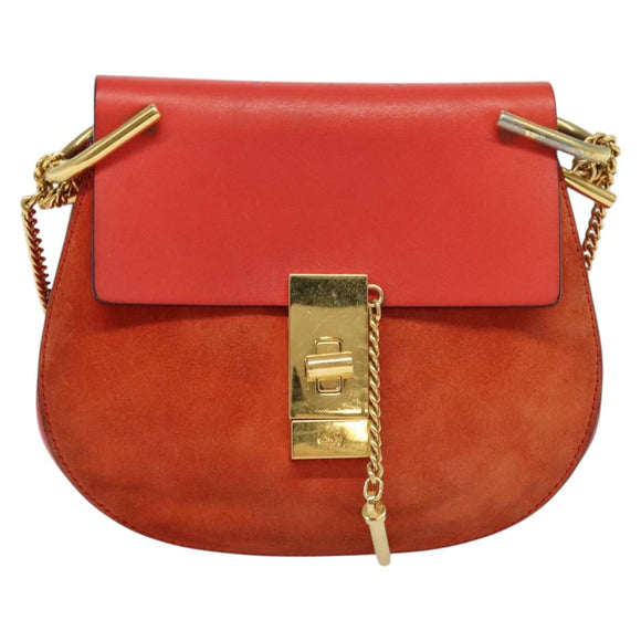 Chloe Chain Drew Shoulder Bag Suede Leather Red Gold Auth gh688