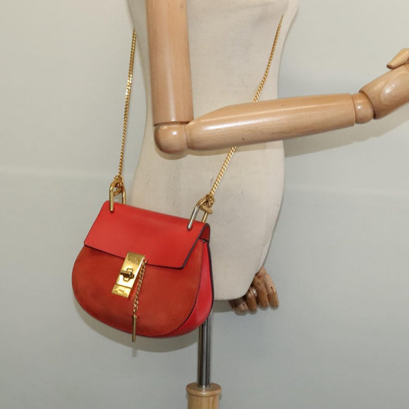 Chloe Chain Drew Shoulder Bag Suede Leather Red Gold Auth gh688