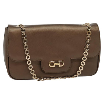 Salvatore Ferragamo Chain Gancini Shoulder Bag Leather Brown Gold Auth gh694