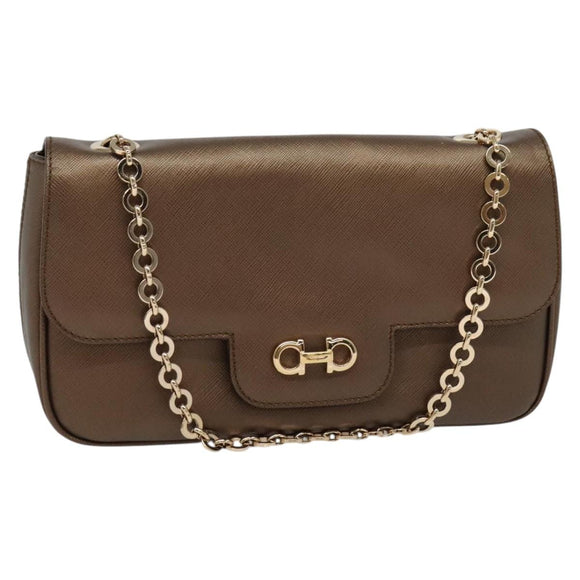 Salvatore Ferragamo Chain Gancini Shoulder Bag Leather Brown Gold Auth gh694