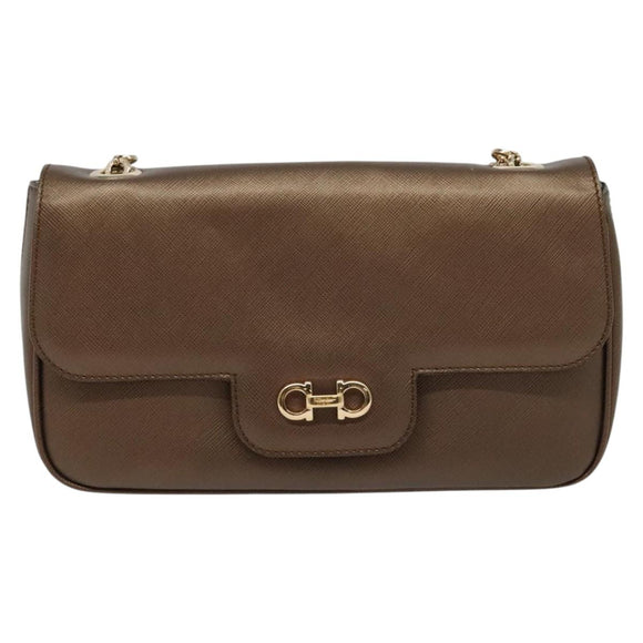 Salvatore Ferragamo Chain Gancini Shoulder Bag Leather Brown Gold Auth gh694