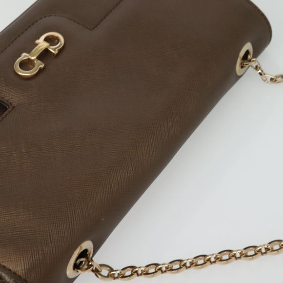 Salvatore Ferragamo Chain Gancini Shoulder Bag Leather Brown Gold Auth gh694