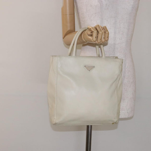 PRADA Tote Bag Leather White Silver Auth gh702