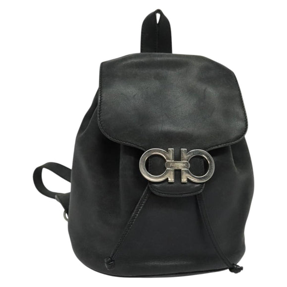 Salvatore Ferragamo Gancini Backpack Leather Black Silver Auth gh705