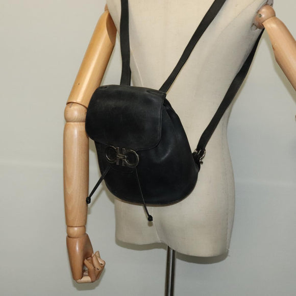 Salvatore Ferragamo Gancini Backpack Leather Black Silver Auth gh705