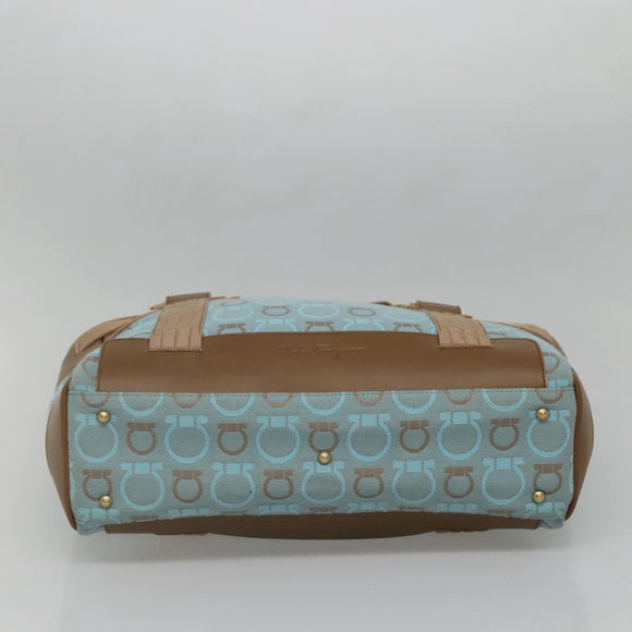 Salvatore Ferragamo Gancini Tote Bag Canvas Leather Light Blue Gold Auth gh706