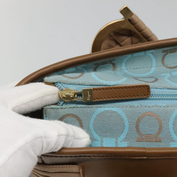 Salvatore Ferragamo Gancini Tote Bag Canvas Leather Light Blue Gold Auth gh706