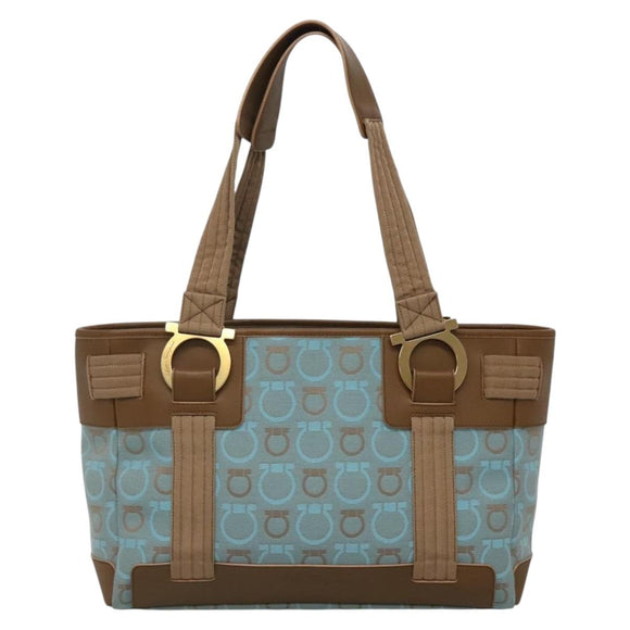 Salvatore Ferragamo Gancini Tote Bag Canvas Leather Light Blue Gold Auth gh706
