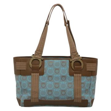 Salvatore Ferragamo Gancini Tote Bag Canvas Leather Light Blue Gold Auth gh706 - 0