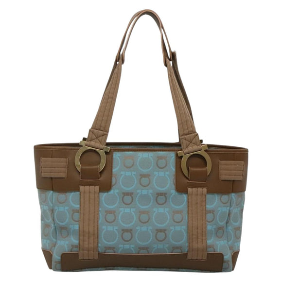 Salvatore Ferragamo Gancini Tote Bag Canvas Leather Light Blue Gold Auth gh706