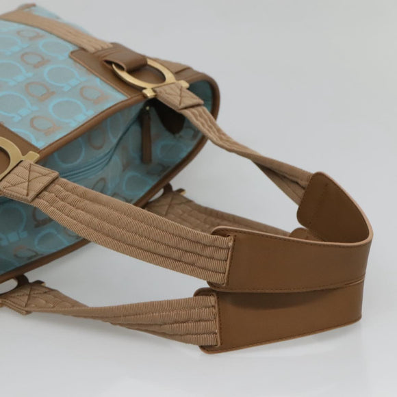 Salvatore Ferragamo Gancini Tote Bag Canvas Leather Light Blue Gold Auth gh706