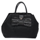 PRADA Ribbon Hand Bag Leather Nylon Black Silver Auth gh713-13