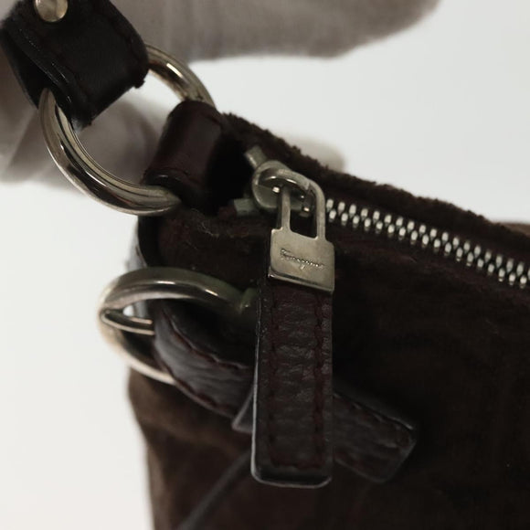 Salvatore Ferragamo Accessory Pouch Suede Brown Silver Auth gh716