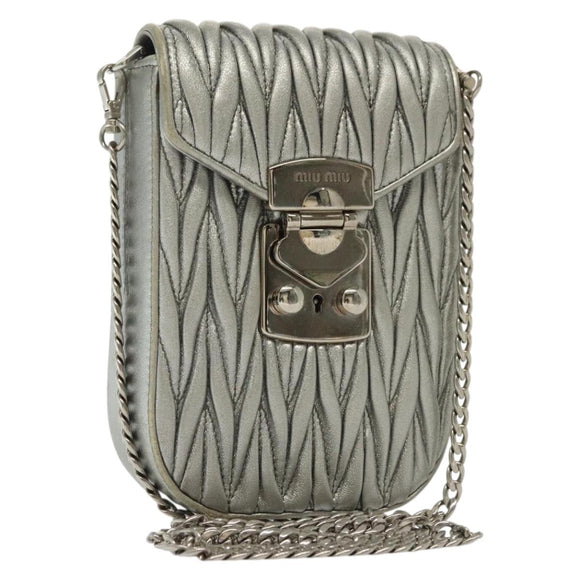 Miu Miu Matelasse Chain Shoulder Bag Leather Silver Auth gh730