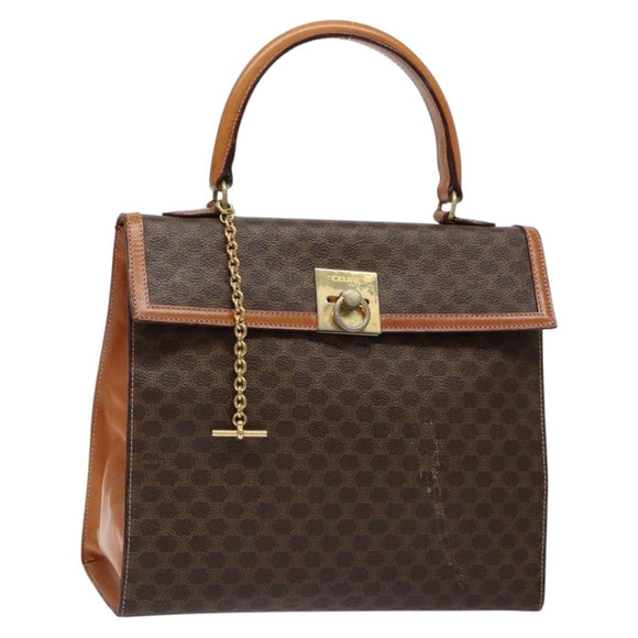 CELINE Macadam Canvas Hand Bag PVC Leather Brown Gold Auth gh737