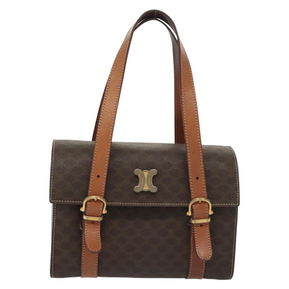CELINE Macadam Canvas Hand Bag PVC Leather Brown Gold Auth gh739