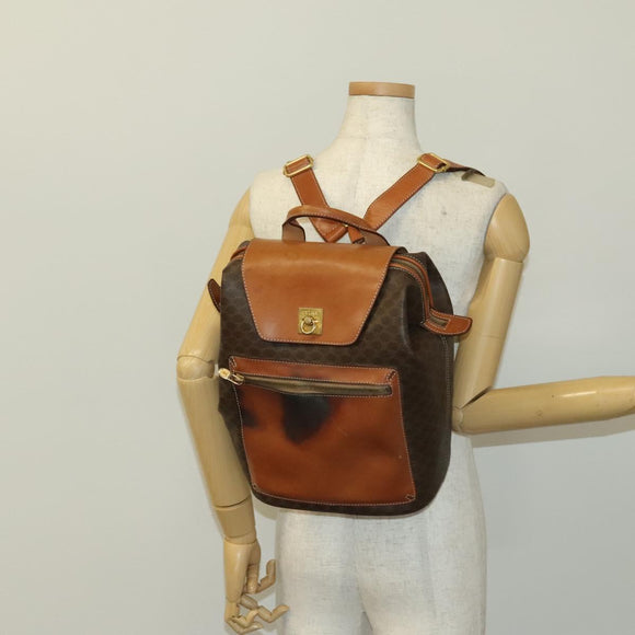 CELINE Macadam Canvas Backpack PVC Leather Brown Gold Auth gh742