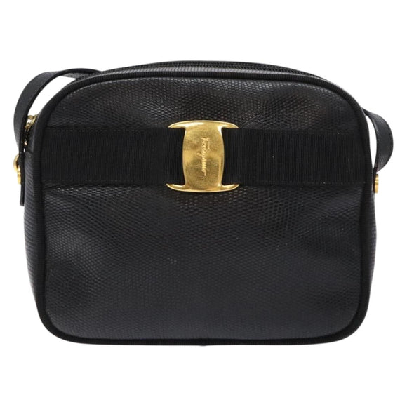 Salvatore Ferragamo Shoulder Bag Leather Black Gold Auth gh755