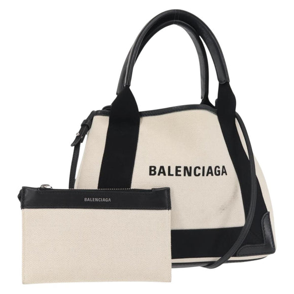 BALENCIAGA Navy Cabas XS Bag Canvas Leather White Black Silver 390346 Auth gh775