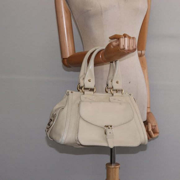 CELINE Triomphe Hand Bag Leather Beige Gold Auth gh799