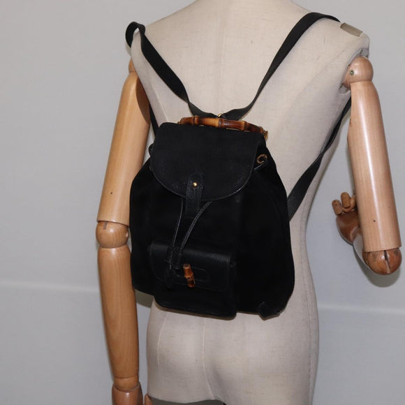 GUCCI Bamboo Backpack Suede Leather Black Gold 003 1705 0030 Auth gh811
