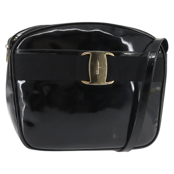 Salvatore Ferragamo Vala Shoulder Bag Enamel Black Gold Auth gh815