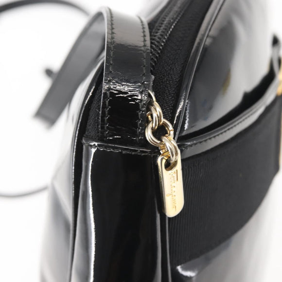 Salvatore Ferragamo Vala Shoulder Bag Enamel Black Gold Auth gh815