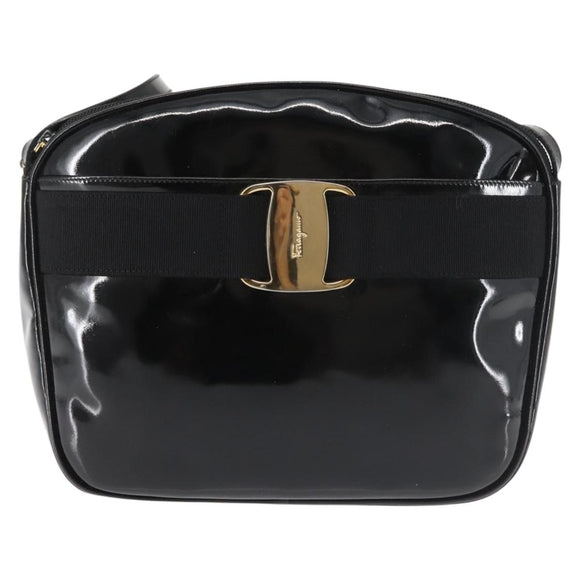 Salvatore Ferragamo Vala Shoulder Bag Enamel Black Gold Auth gh815