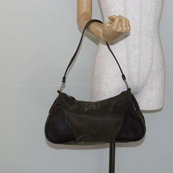 PRADA Shoulder Bag Nylon Khaki Silver Auth gh819