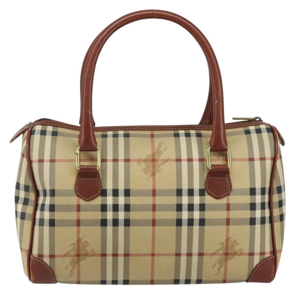 Burberrys Nova Check Boston Bag PVC Beige Gold Auth gh829