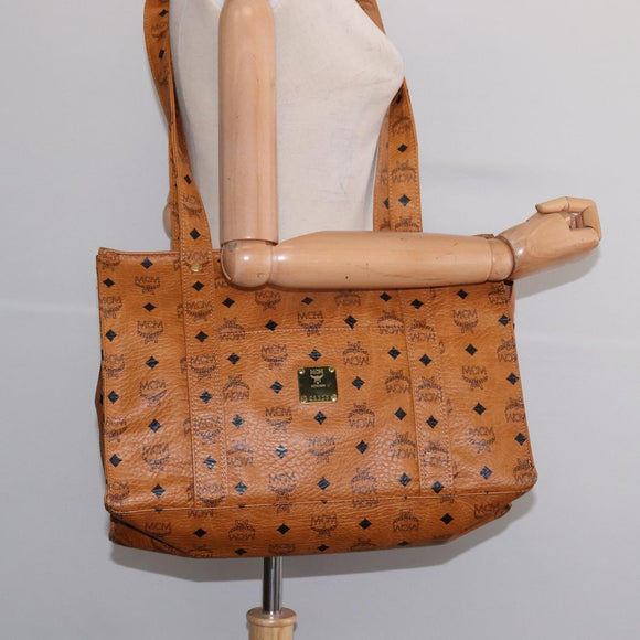 MCM Logogram Vicetos Tote Bag PVC Leer Bruin Goud Auth gh881