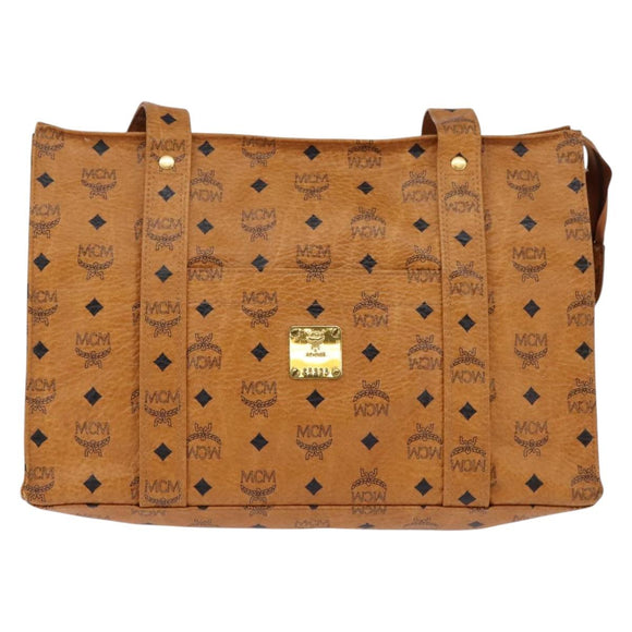 MCM Logogram Vicetos Tote Bag PVC Leer Bruin Goud Auth gh881