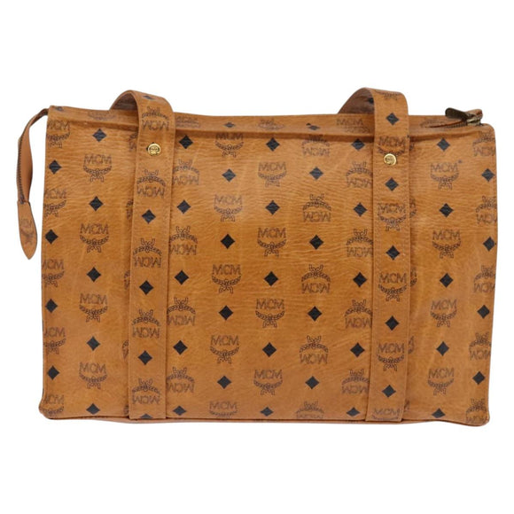 MCM Logogram Vicetos Tote Bag PVC Leer Bruin Goud Auth gh881
