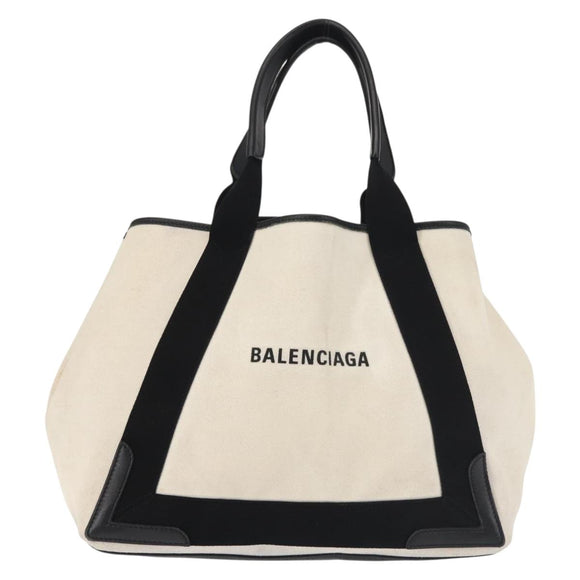 BALENCIAGA Navy Cabas M Bag Canvas Leather White Black Silver 581292 Auth gh894