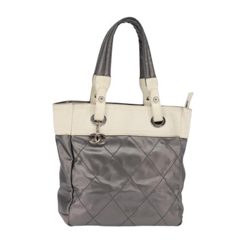 CHANEL Paris Biarritz Tote Tote Bag Coated Canvas Silver CC Auth gh895