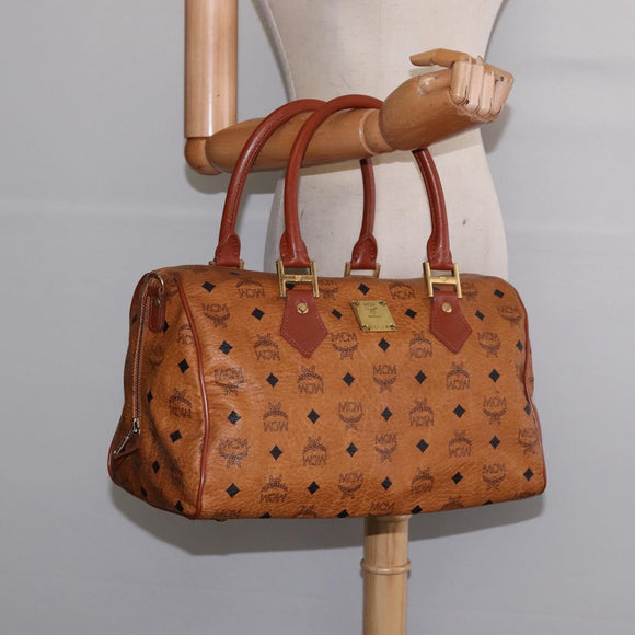 MCM Logogram Vicetos Boston Bag PVC Leder Braun Gold Auth gh901