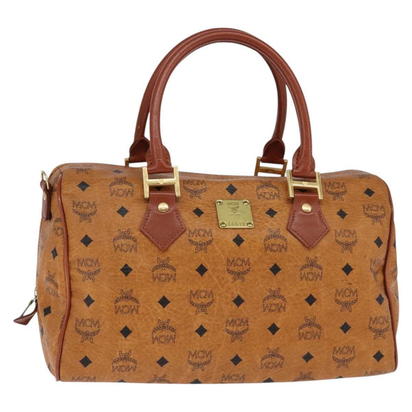 MCM Logogram Vicetos Boston Bag PVC Leder Braun Gold Auth gh901