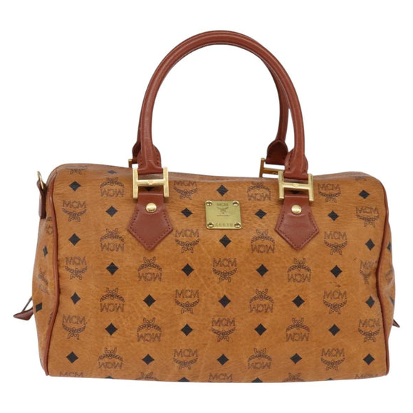 MCM Logogram Vicetos Boston Bag PVC Leder Braun Gold Auth gh901