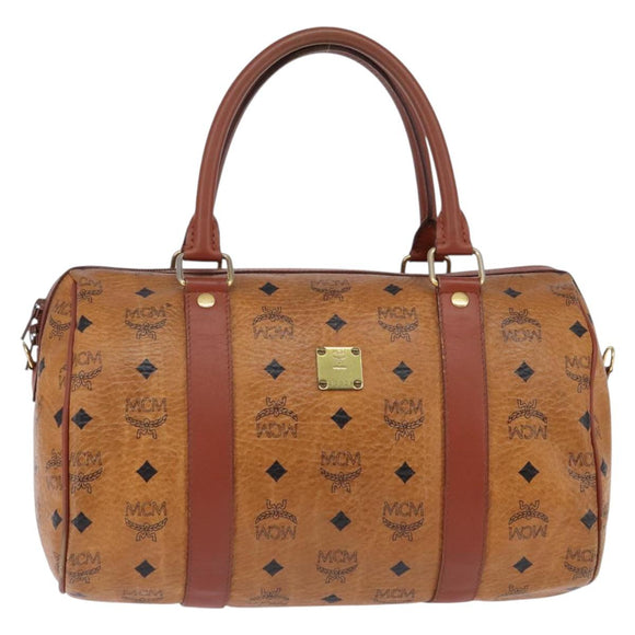 MCM Logogram Vicetos Boston Bag PVC Leather Brown Gold Auth gh902