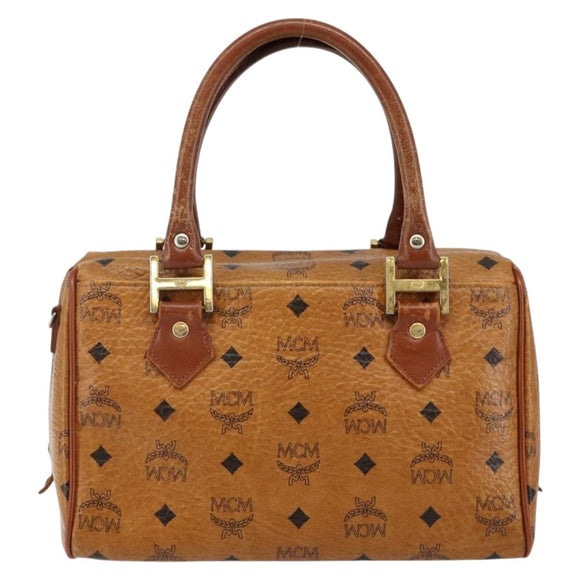 MCM Logogram Vicetos Boston Bag PVC Leather Brown Gold Auth gh904