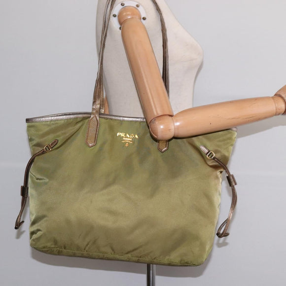 PRADA Tote Bag Nylon Khaki Gold Auth gh915